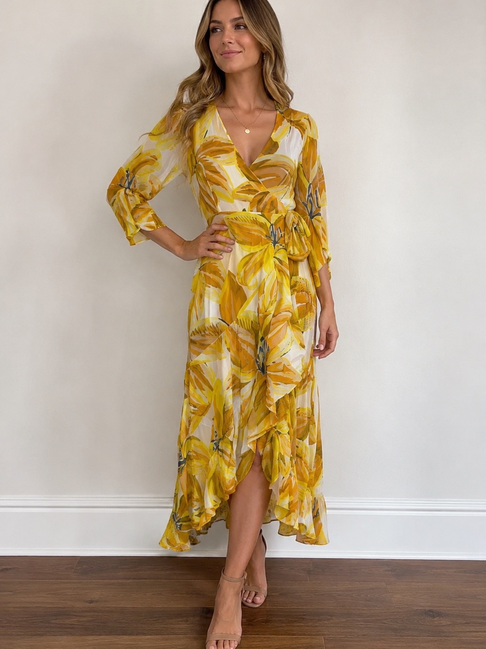 Farm Rio Yellow Tropical Floral Wrap Midi Dress XS Boho Resort Vacation